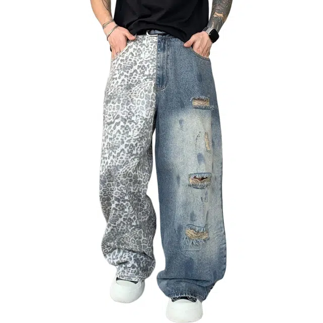 宝米卡 潮牌美式复古高街直筒潮流牛仔裤 男女同款