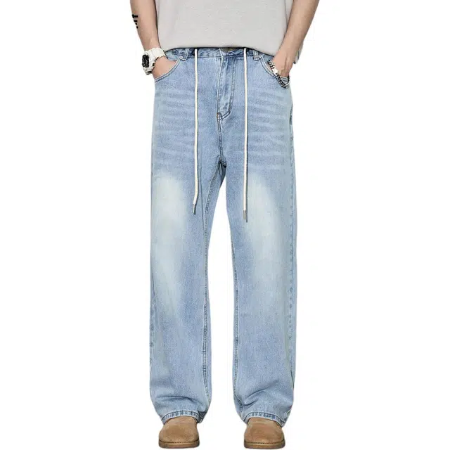 童先森 设计感猫须直筒宽松中腰长裤牛仔裤 男款