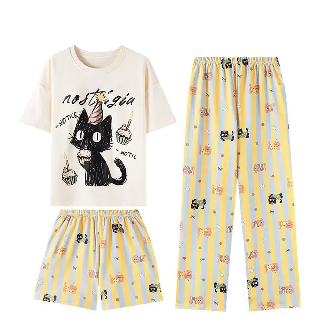 俏韵 圆领卡通夏季带胸垫可爱短袖三件套甜美条纹薄款舒适家居服可外穿睡衣套装 女款