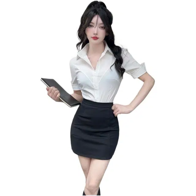 木清清 修身制服衬衫设计感小众衬衣性感短袖修身职业上衣女装裙装套装 女款