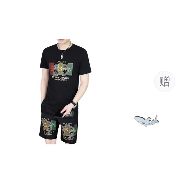 大白鲨 品牌高端欧版时尚潮牌青年常规短袖圆领修身休闲运动套装 男款