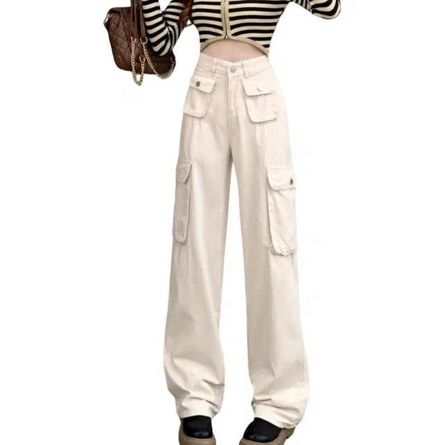 兰缪 美式工装裤纯色百搭四季款直筒宽松阔腿高腰显瘦休闲牛仔裤 女款