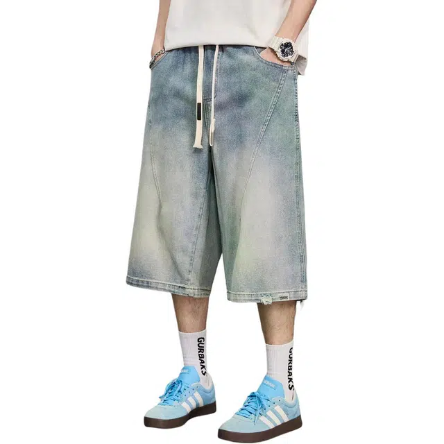 童先森 痞帅夏季潮流宽松中腰七分裤牛仔短裤 男款