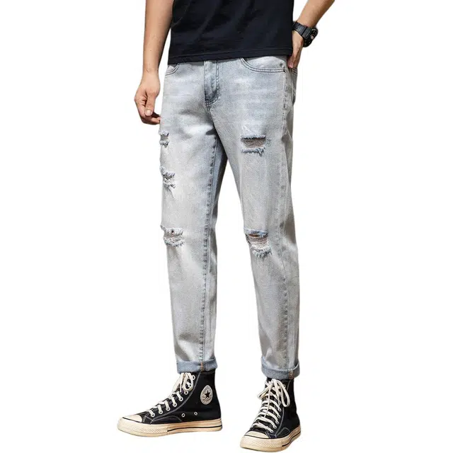 潮人榜 夏季美式高街痞帅破洞修身小脚九分裤子潮牌百搭休闲做旧高端直筒牛仔裤 男款