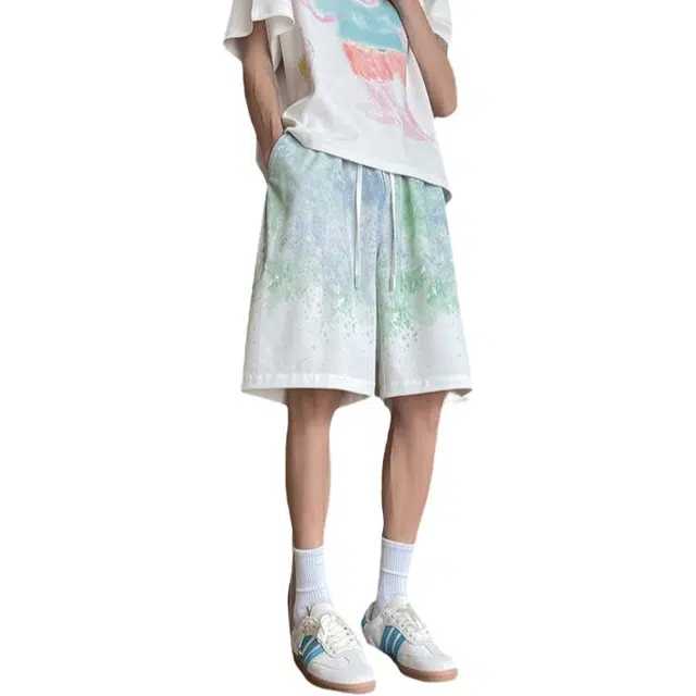 加荣 美式扎染渐变冰丝男夏季轻薄透气潮牌青少年户外出行百搭男裤宽松小众设计感抽绳松紧腰直筒休闲短裤 男女同款