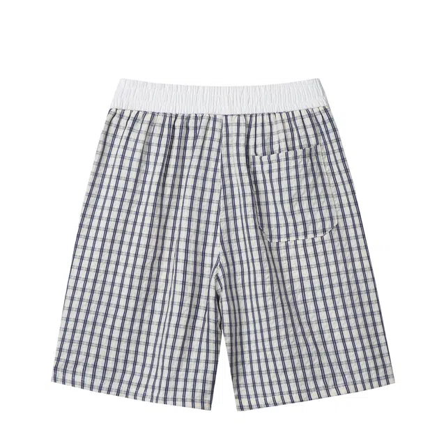 明尼凯 美式复古高街基础款泡泡纱拼接格子设计潮牌百搭小众冰丝速干防晒裤子宽松透气沙滩直筒五分裤休闲短裤 男女同款