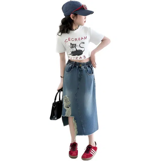 儿童款 木木兔裙装套装 时髦洋气夏季女孩韩版短袖半身牛仔裙女生休闲两件套