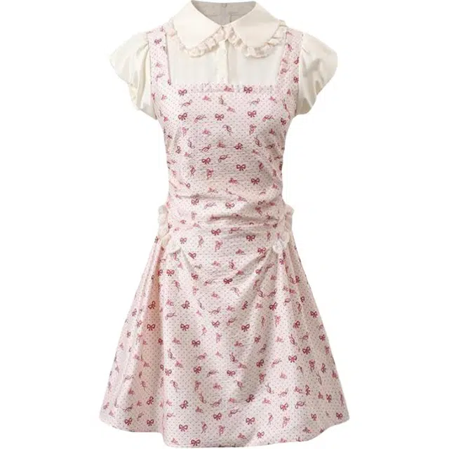 小卷要加油 法式蝴蝶结中长款波点假两件印花爱心短袖连衣裙 女款