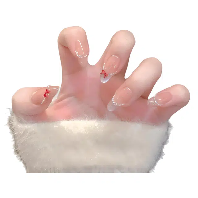 柚予颜 手工穿戴甲水光猫眼蝴蝶结显嫩少女美甲  椭圆裸色晕染 纯欲