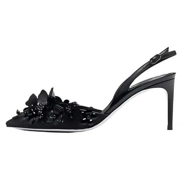 拾伍象 水钻花朵名媛气质尖头后空 细跟 高跟鞋 女 黑色