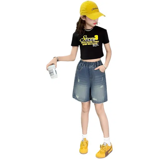 天才小熊女童夏季运动裤大童潮牌小孩衣服 青少年 破洞牛仔短裤  洋气时髦 韩版直筒板儿童运动裤 青少年