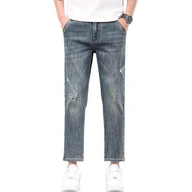炳盛 薄款复古破洞修身直筒潮牌弹力百搭牛仔裤 男女同款