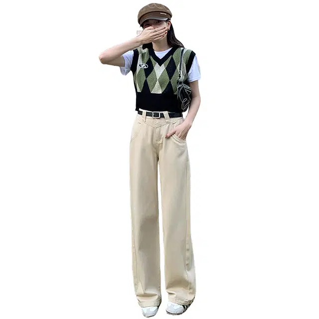 玫丝朵 美式复古慵懒风小个子高腰宽松直筒牛仔裤 女款