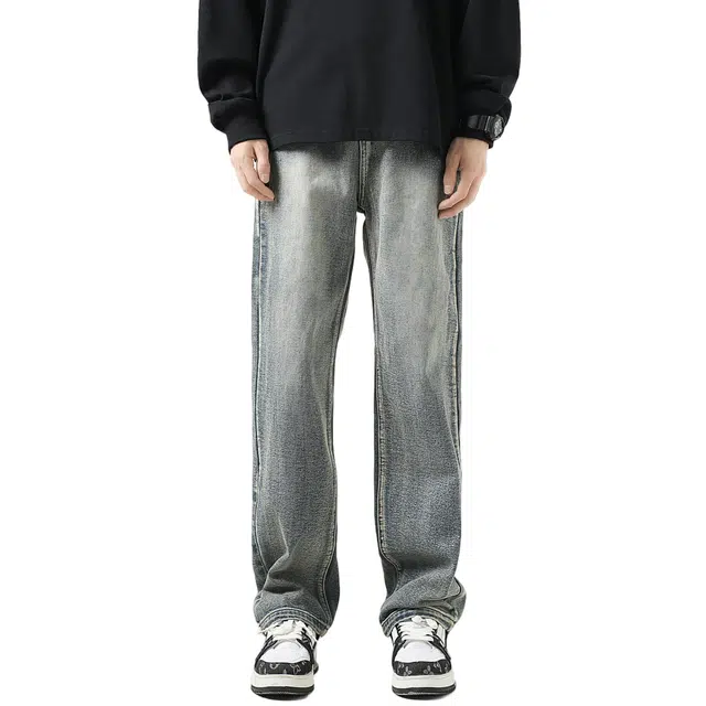 帝狼牛 美式高街复古水洗做旧简约垂感柔软舒适高级感休闲百搭直筒牛仔裤 男女同款