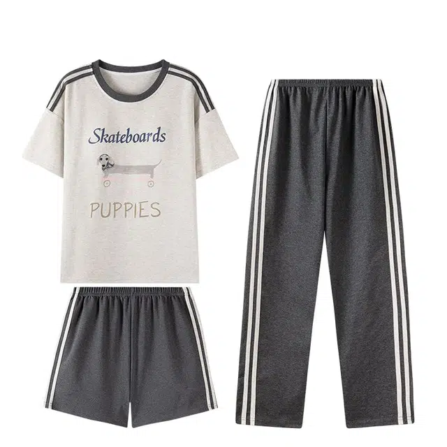 俏韵 圆领春秋季短袖三件套甜美简约带胸垫纯色薄款舒适家居服可外穿睡衣套装 女款