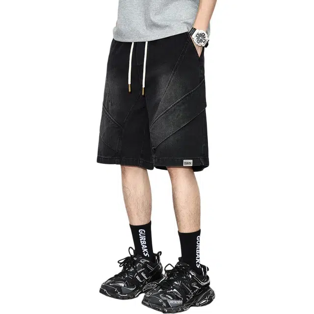 童先森 设计感高街拼接宽松中腰牛仔短裤 男款