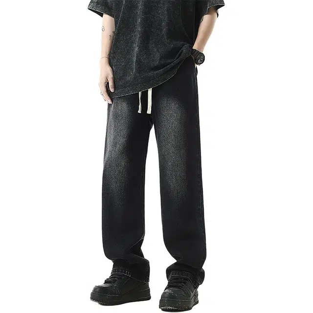 帝狼牛 美式高街水洗做旧侧边松紧系带字母刺绣设计时尚百搭宽松垂感薄款直筒休闲舒适拖地软牛仔裤 男女同款