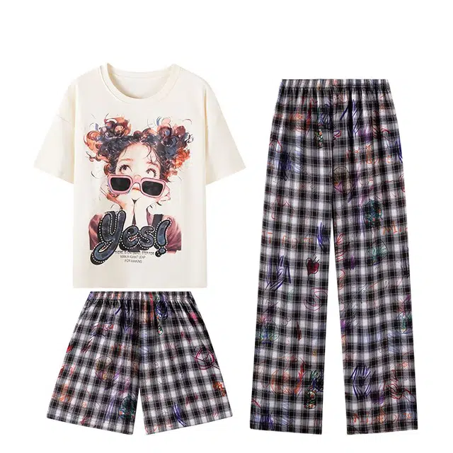 俏韵 圆领夏季带胸垫可爱短袖三件套甜美薄款舒适家居服可外穿睡衣套装 女款