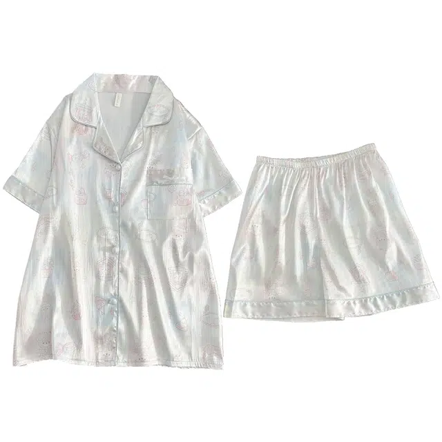 俏韵 翻领卡通夏季冰丝甜美短袖短裤休闲舒适薄款家居服可外穿睡衣套装 女款