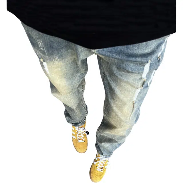 冈哉 美式复古高街破洞手工磨破裤高级感潮牌水洗做旧阔腿拖地裤舒适透气直筒宽松通勤休闲牛仔裤 男女同款