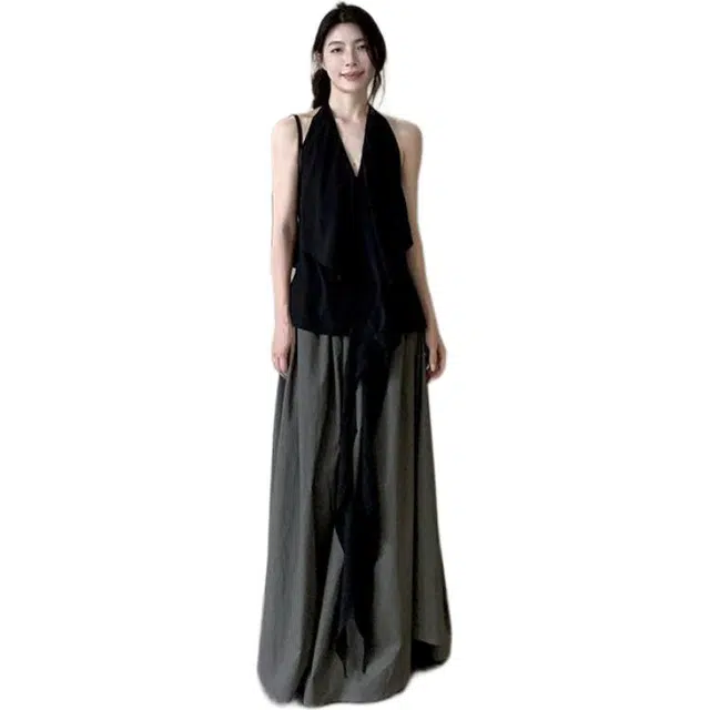 哒头下雨不愁 夏季法式复古无袖飘带挂脖背心上衣高腰显瘦半身裙裙装套装 女款