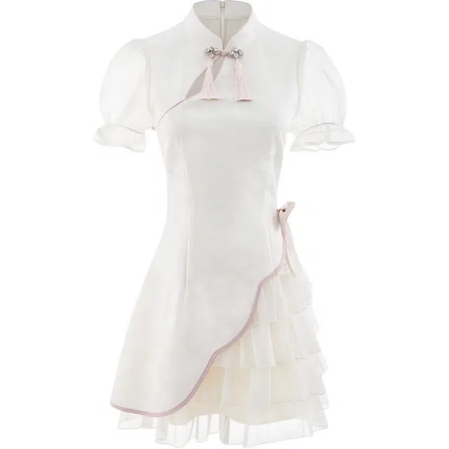 小卷要加油 新中式甜美蝴蝶结网纱提花拼接短款改良立领旗袍短袖连衣裙 女款