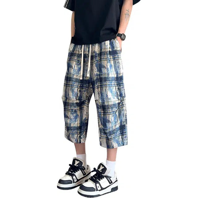 加荣 美式扎染格子冰丝凉感褶皱速干男夏季轻薄透气潮青少年户外出行百搭复古休闲小众设计松紧腰七分裤子直筒阔腿裤短裤 男女同款