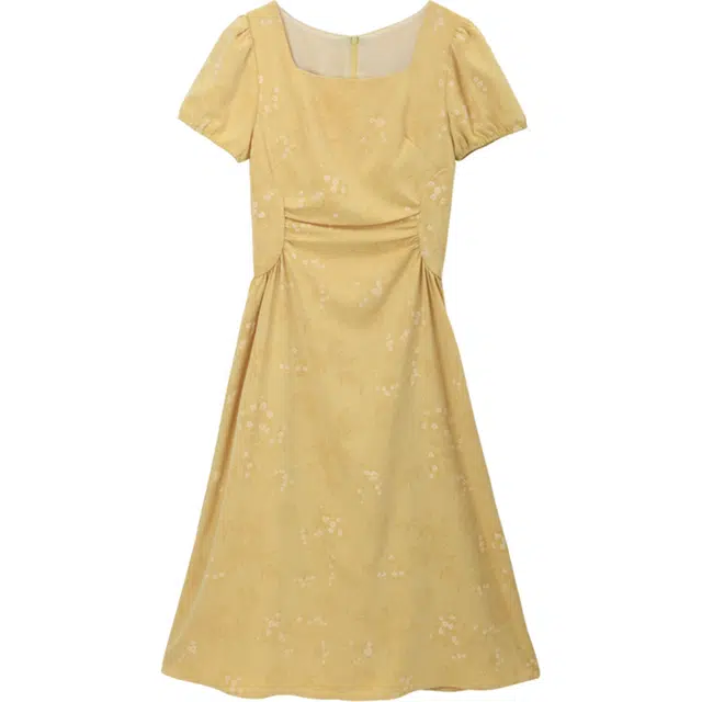 谜秀 提花国风泡泡袖短袖连衣裙 女款 姜黄色