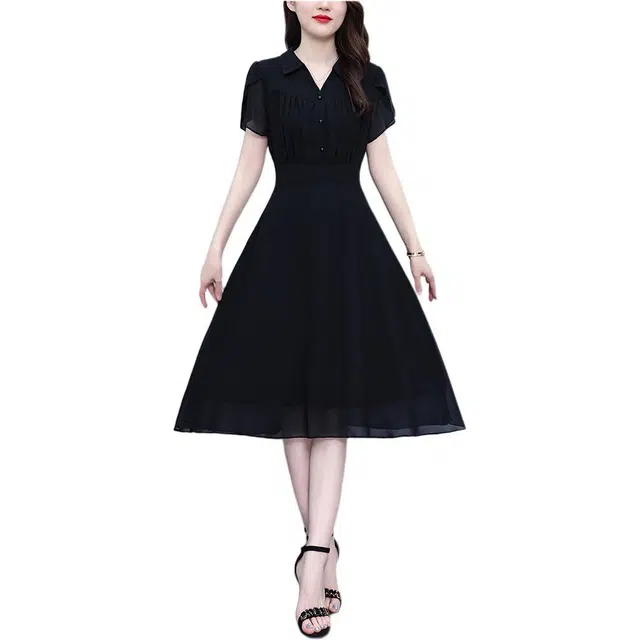 缪斯的诱惑 衬衫领法式雪纺裙时尚收腰显瘦气质洋气长裙子女短袖连衣裙 女款