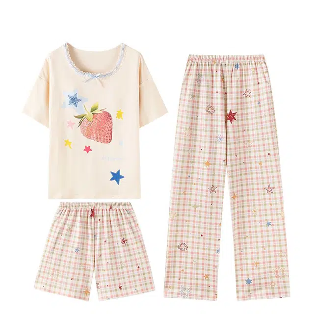 俏韵 圆领夏季带胸垫甜美短袖三件套薄款舒适家居服可外穿睡衣套装 女款