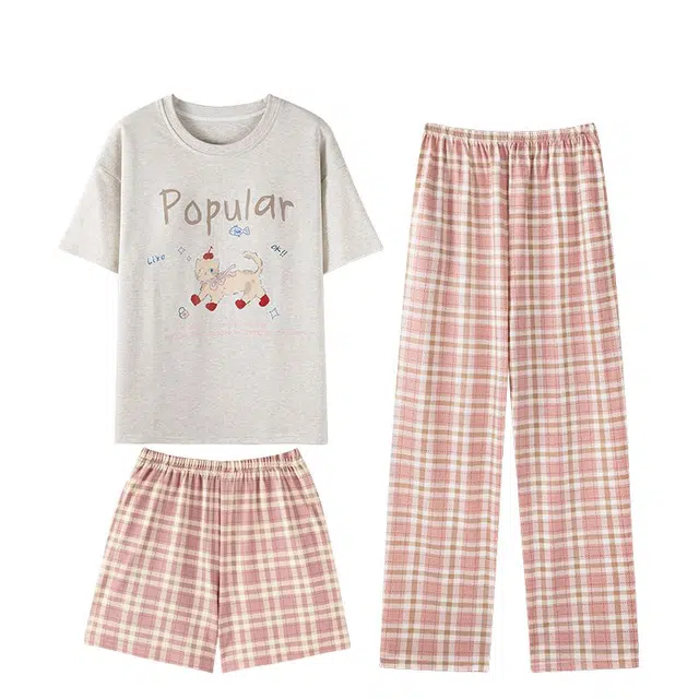 俏韵 圆领卡通夏季带胸垫甜美短袖三件套舒适薄款家居服可外穿睡衣套装 女款