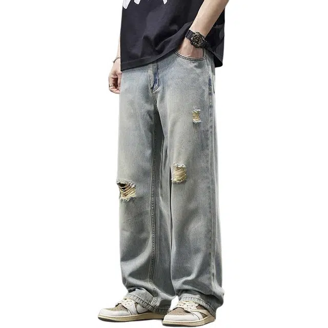 潮人榜 美式复古破洞莱赛尔休闲裤男士宽松直筒夏季潮牌阔腿裤子牛仔 男女同款
