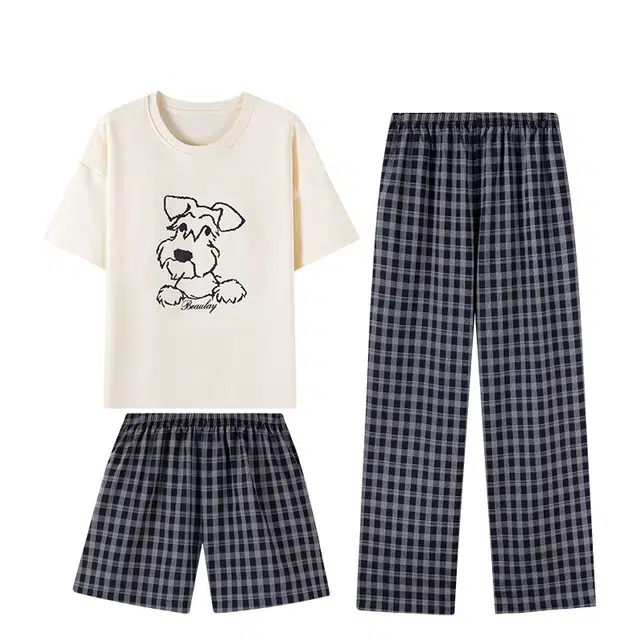 俏韵 圆领夏季带胸垫短袖三件套甜美薄款舒适家居服可外穿睡衣套装 女款