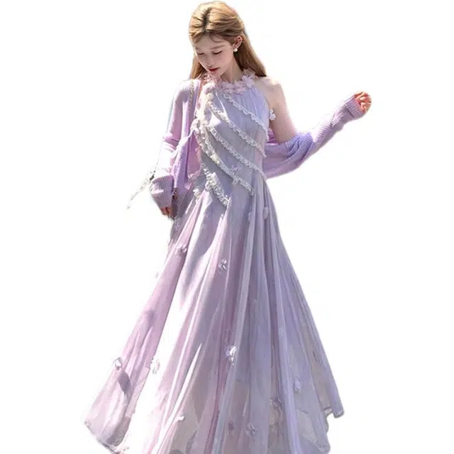 沐晓欣 长款挂脖法式复古修身显瘦气质裙子纯色圆领无袖连衣裙 女款