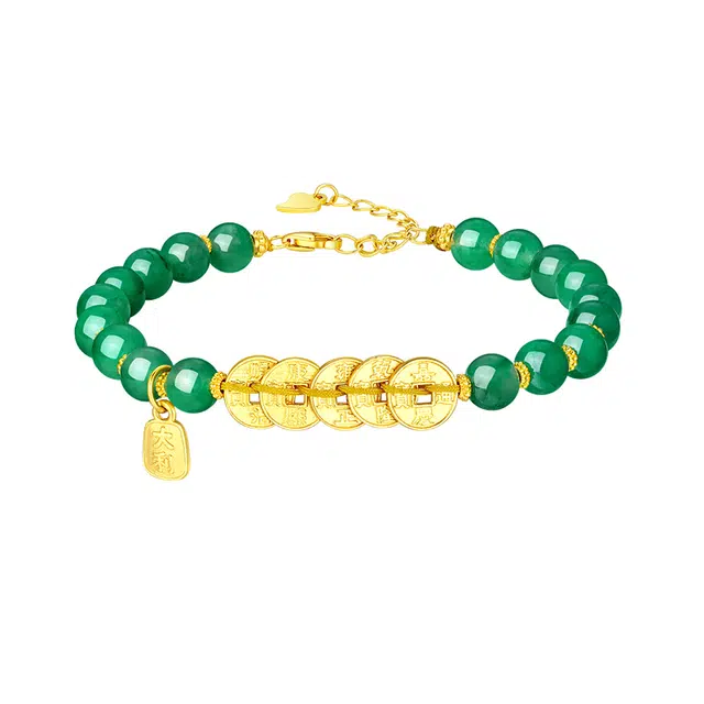 周大生 【大吉大利|招财吸金】 五帝通宝五帝钱顺遂平安经典复古优雅可调节 显白典雅新中式穿搭#好运 非洲翠 手串 女款
