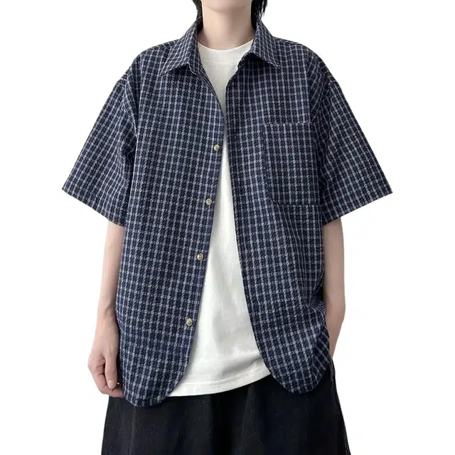 冈哉 日系复古个性条纹格子拼接设计宽松休闲时尚百搭美式高街古痞帅翻领短袖衬衫 男女同款