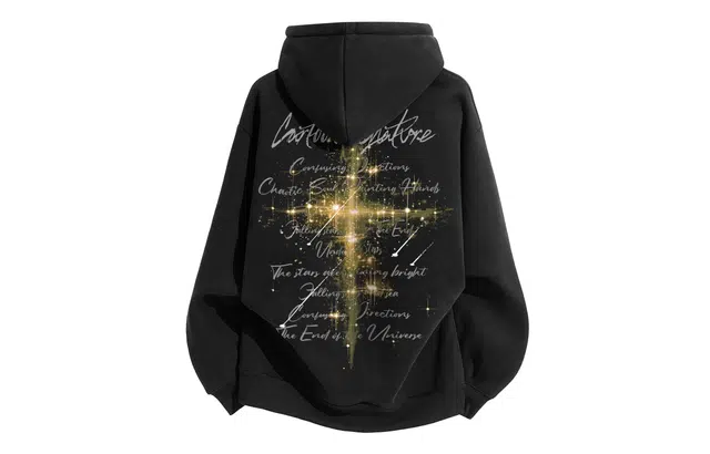 宜而爽 美式复古高街嘻哈创意宇宙星空十字架图案字母印花宽松休闲舒适柔软透气落肩长袖套头上衣日常通勤百搭连帽卫衣 男女同款