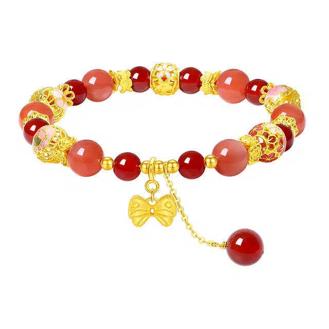 周大生 朱砂痣 十里惊鸿花丝珠蝴蝶腕饰福意随身感宫廷风国风本命年温柔复古流苏 表白精致百搭#好运 玛瑙 手串 女款