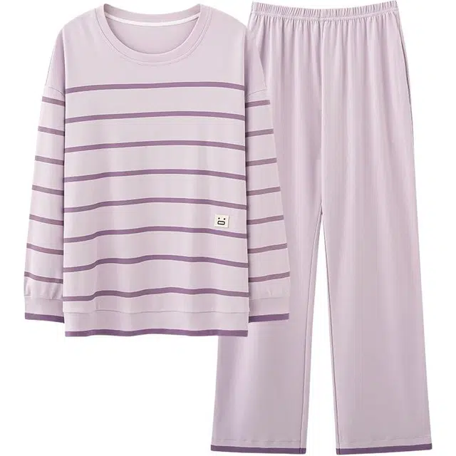 俏佳人 带胸垫纯棉圆领套头基础条纹休闲柔软舒适可外穿长袖长裤时尚家居服睡衣套装 女款