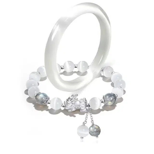 【经典白月光】 郁馨 莹润清冷感简约清透素镯貔貅招财串珠 一步一响倾城美人镯优雅叮当镯国风精致#好运 玻璃猫眼 手镯 女款