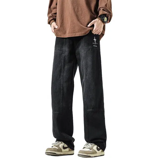 帝狼牛 美式复古印花做旧舒适亲肤透气直筒通勤百搭废土风垂感休闲中腰宽松牛仔裤 男女同款