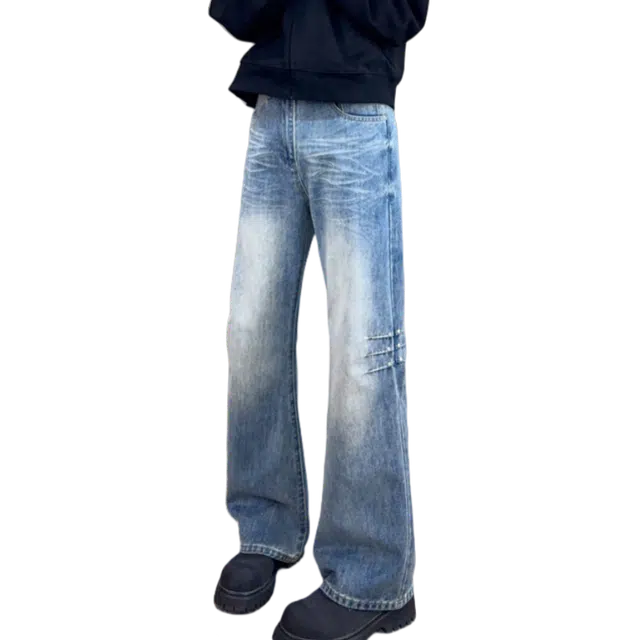 冈哉 美式复古高街拼接侧边明线装饰纽扣设计褶皱压褶水洗做旧高级感潮牌阔腿拖地裤舒适透气直筒宽松通勤休闲牛仔裤 男女同款