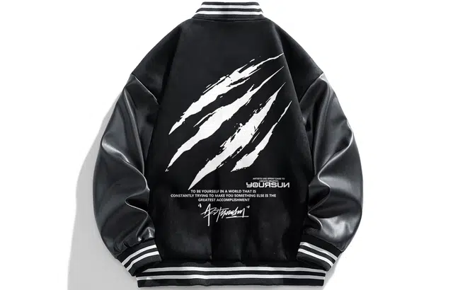 宜而爽  美式潮流学院风背面个性猫爪图案个性签名字母印花麂皮绒宽松直筒落肩棒球领拼接撞色单排扣休闲时尚百搭通勤长袖棒球服 男女同款