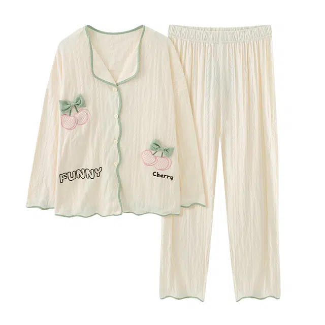 顶瓜瓜 樱桃图案简约舒适透气面料翻领设计可外穿家居服睡衣套装 女款