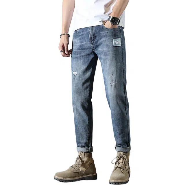 潮人榜 夏季美式潮牌高级感破洞修身九分裤子潮流百搭休闲通勤时尚简约高端直筒牛仔裤 男款