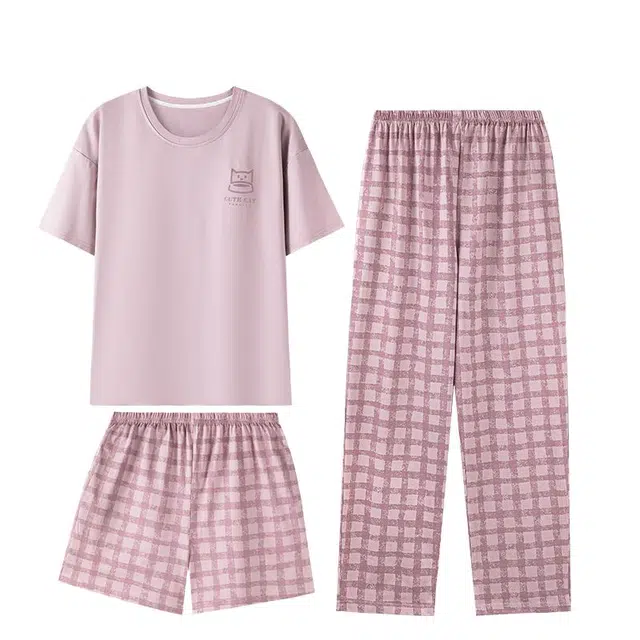 俏韵 圆领夏季短袖三件套甜美简约风带胸垫薄款舒适家居服可外穿睡衣套装 女款