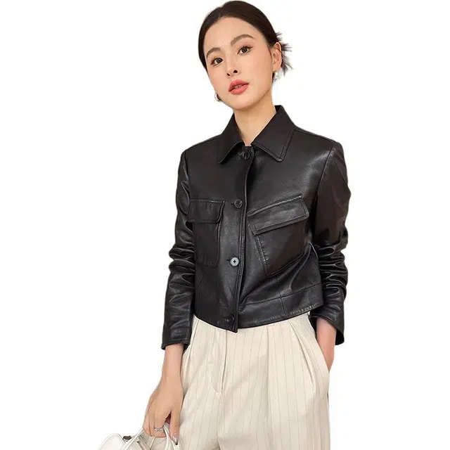 比利斯山羊 翻领不规则口袋休闲真皮皮衣 女款