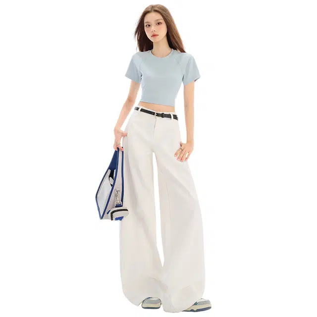 玫丝朵 时尚舒适宽松阔腿弯刀拖地牛仔裤 女款