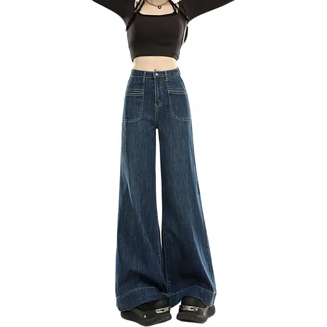 如续 复古阔腿大喇叭女春高腰窄版垂感微喇拖地裤裙时尚显瘦牛仔裤 女款