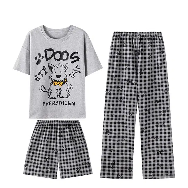 俏韵 圆领卡通夏季带胸垫甜美短袖三件套薄款舒适家居服可外穿睡衣套装 女款